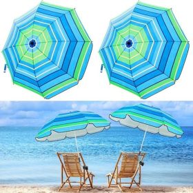 2 Pcs Automatic Chair Umbrella with Universal Clamp 44" UPF 50+ Portable Clamp on Beach Chair Adjustable Wheelchair Umbrella for Outdoor Patio Pa (Color: Blue and Green Stripe)