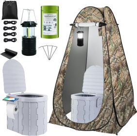 Portable Toilet Kit, Camping Toilet with Pop-Up Privacy Tent and Poo Gel Toilet Bags, Washable Portable Outdoor Showers Changing Rooms (Style: Gray Toilet and Camouflage Tent With Light)