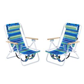 Folding Beach Chair Set Of 2 For Adults, 4 Position Portable Backpack Foldable Camping Chair With Headrest Cup Holder And Wooden Armrests, Blue & (Option: 64649658)